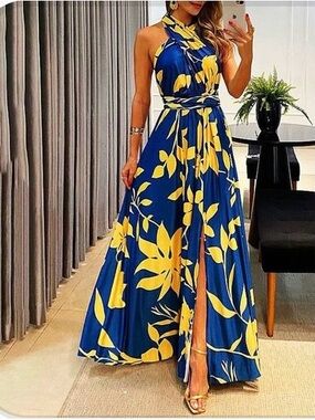 Halter Neck Blue and Yellow Floral Print Maxi Dress